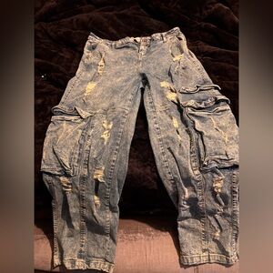 Relaxed Distressed Cargo Jeans for Men - Washed Gray-Blue